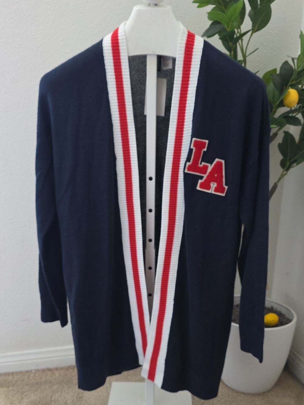 H&M Divided Navy Blue Long Varsity Cardigan LA Patch Striped Trim Size S